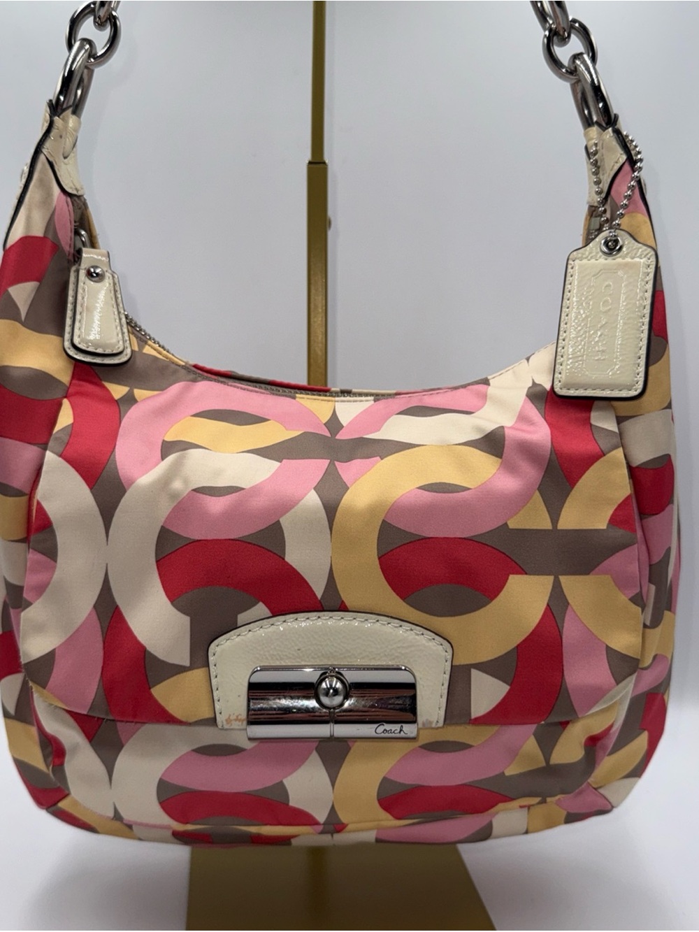 Coach Pink, Red & Yellow Signature Print Shoulder Bag
